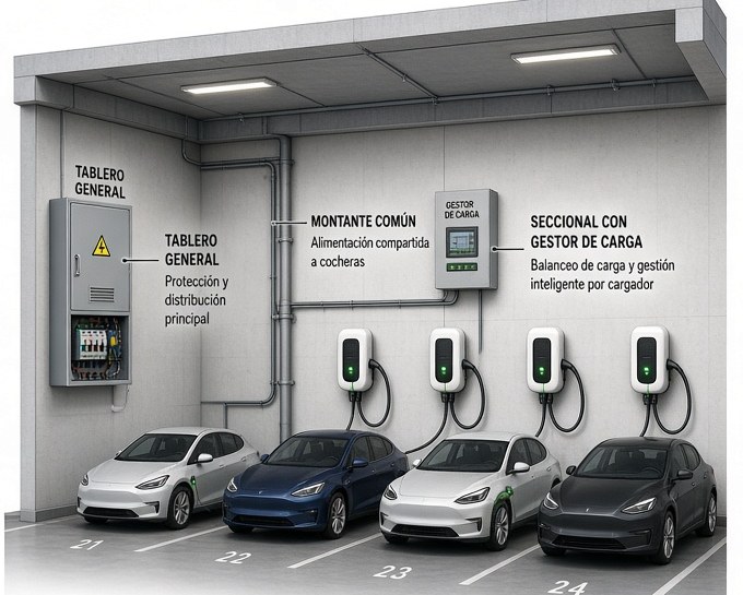 Ilustración de la cochera de un edificio con tablero general, montante común, tablero seccional con gestor de carga y cuatro cargadores de pared conectados a autos eléctricos