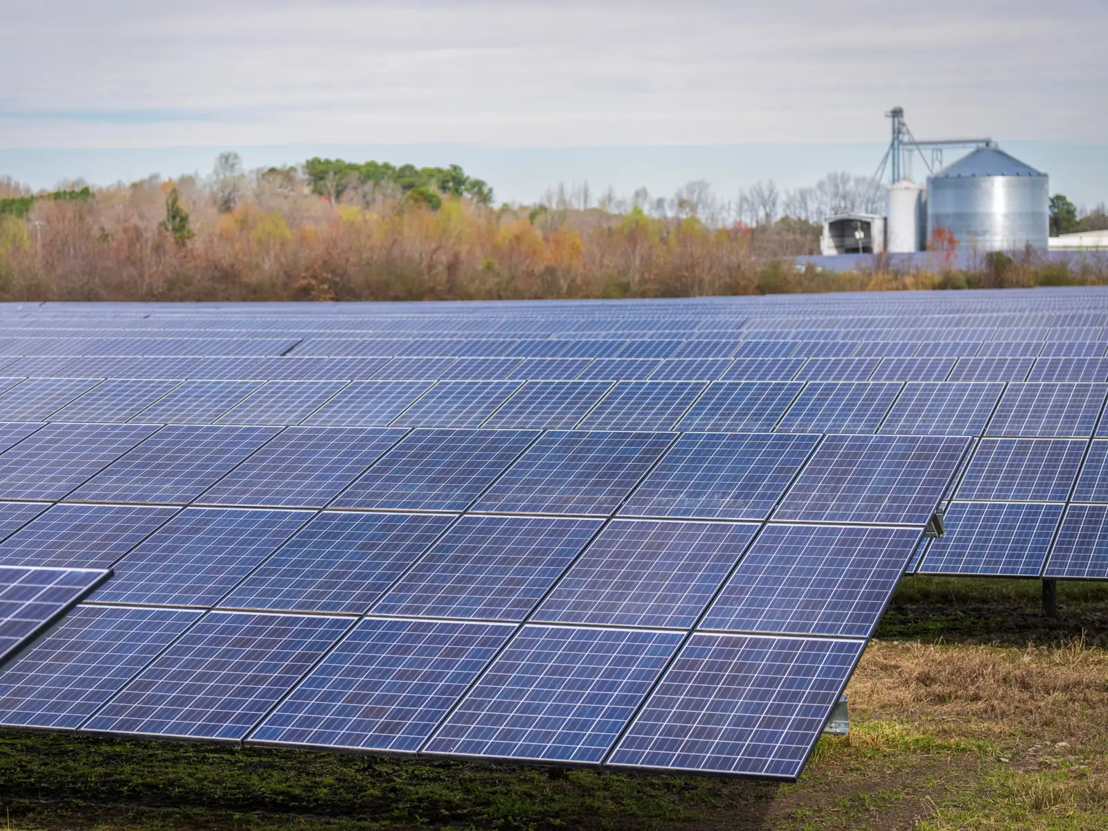 Parque de paneles solares en un campo, con silos de granos al fondo